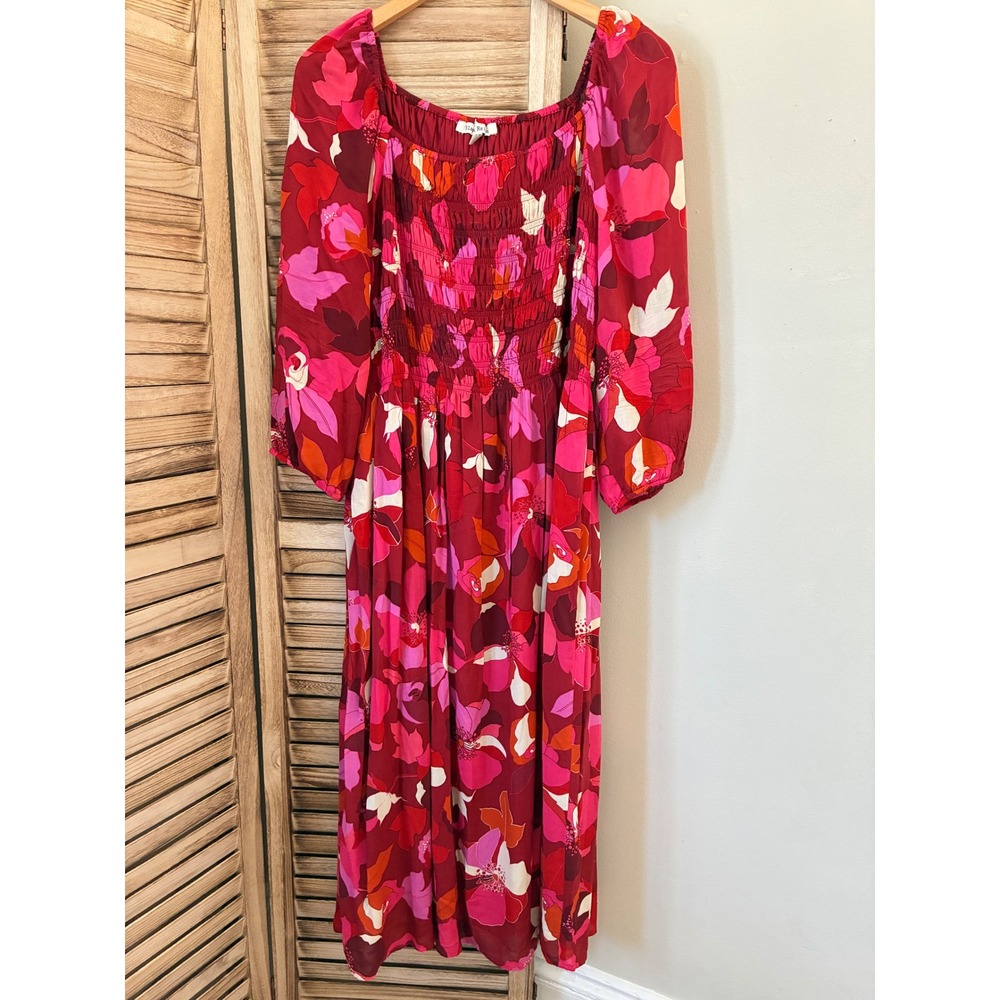 Blak Rain Romantic Floral Smocked Midi Dress Pink Red Fall Long Sleeve Boho L